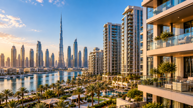 Dubai real estate featuring modern residential apartment buildings.