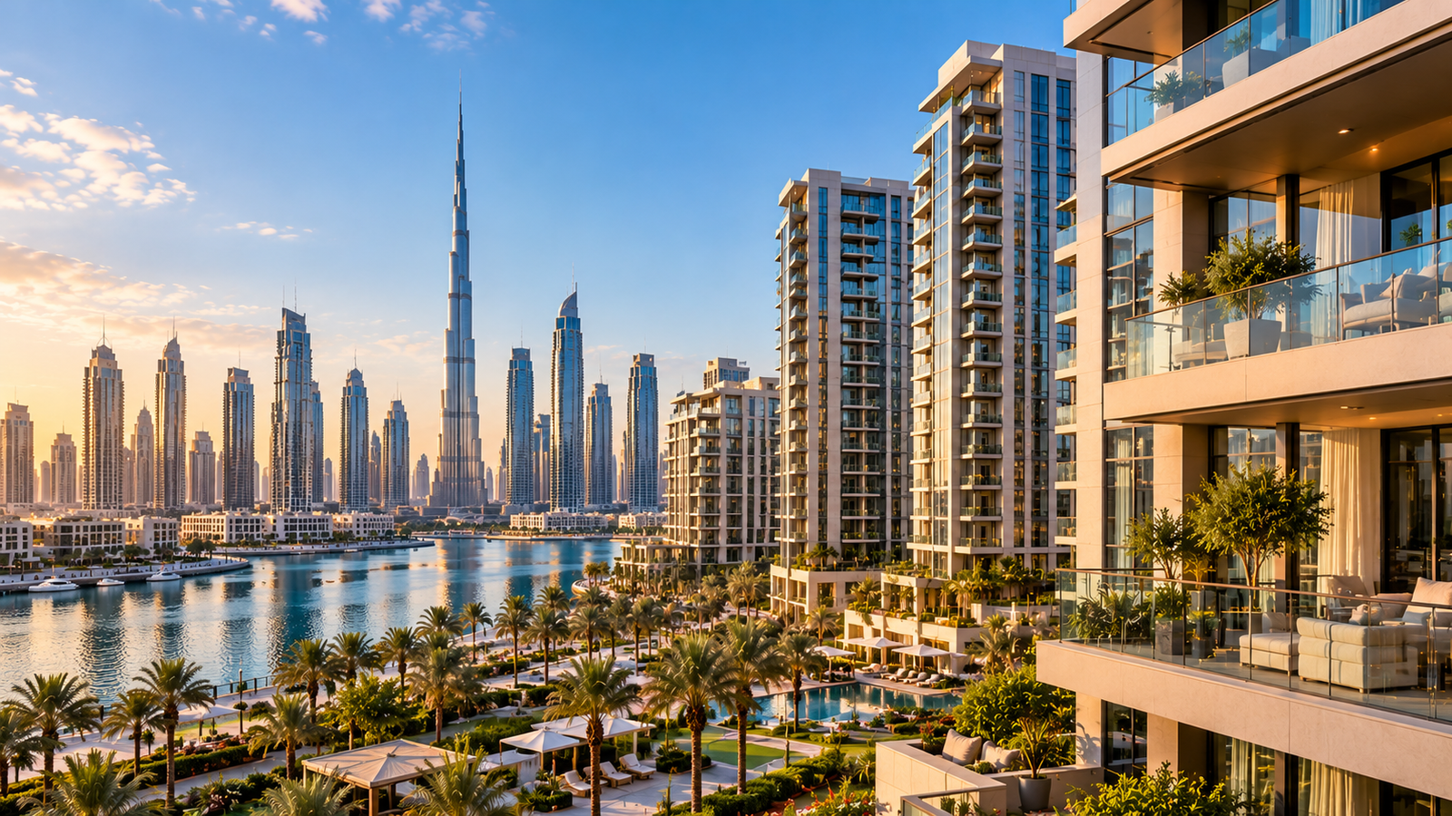 Dubai real estate featuring modern residential apartment buildings.